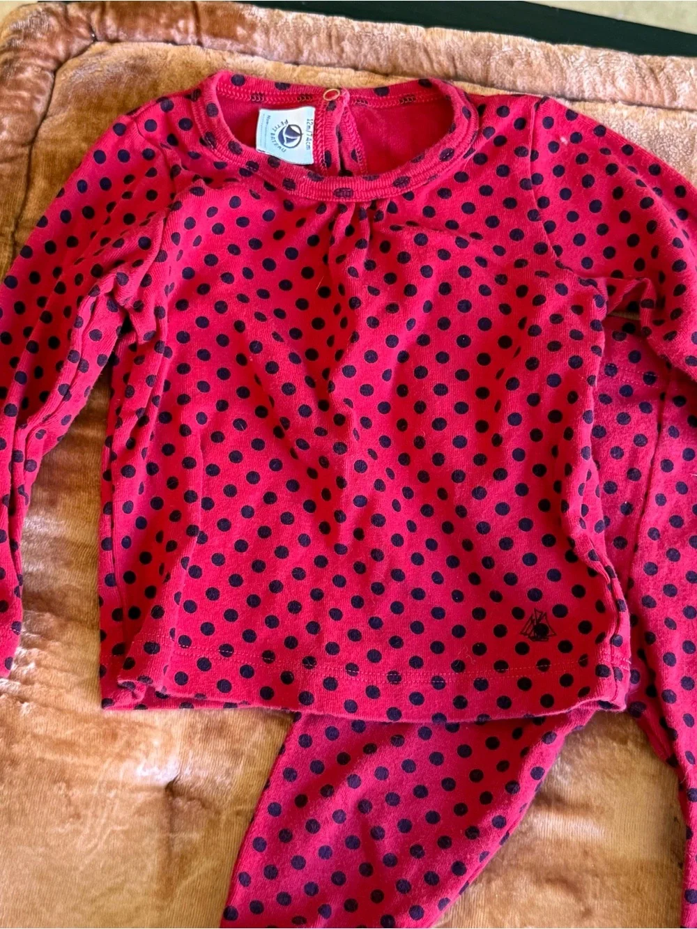 Petit Bateau Red & Black Polka Dot Baby Girl Set 12m 100% Cotton Ladybug